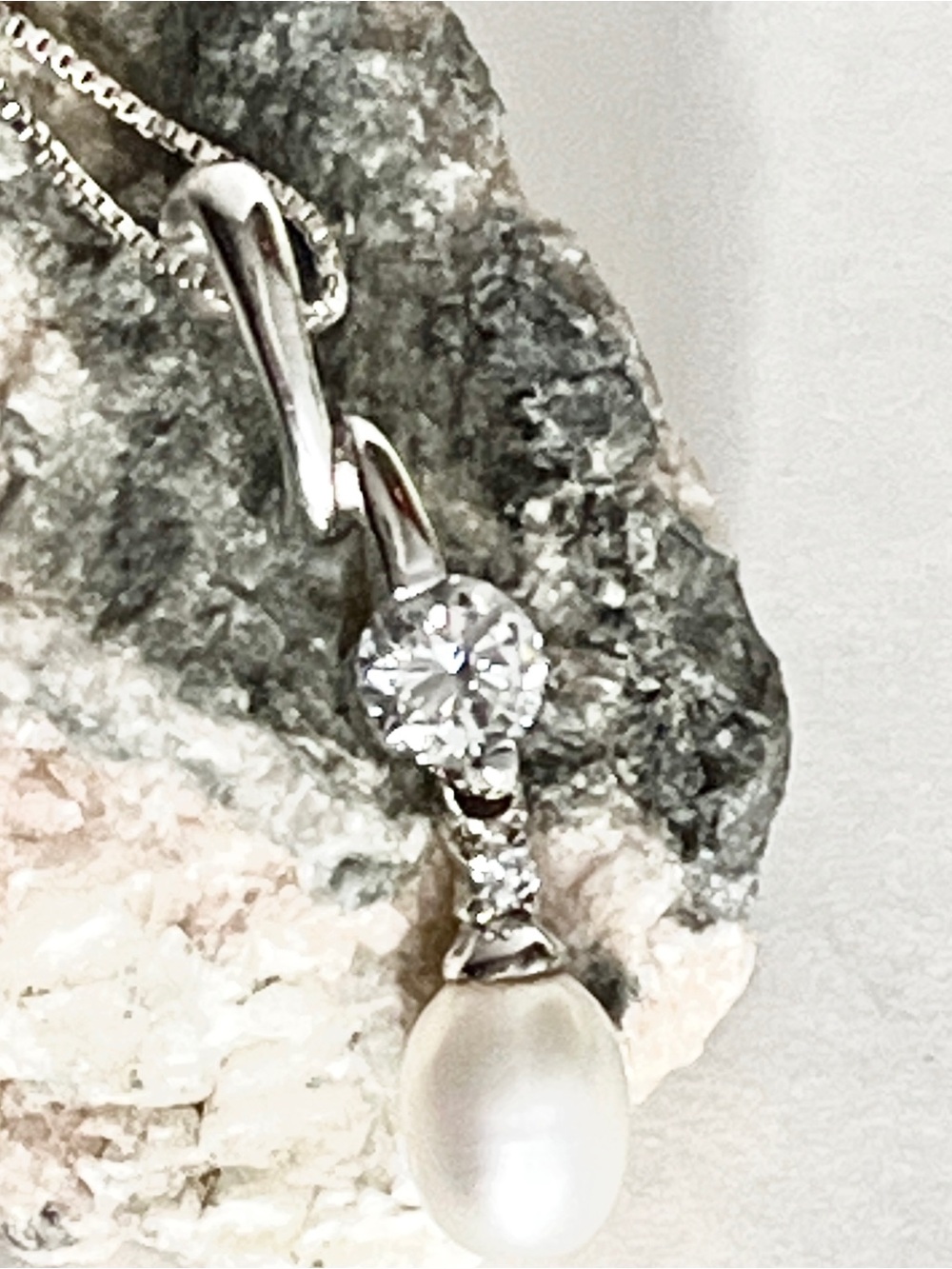 Pearl Drop, CZ, 925 Sterling Silver Pendant on Stamped 925 Sterling Box Chain